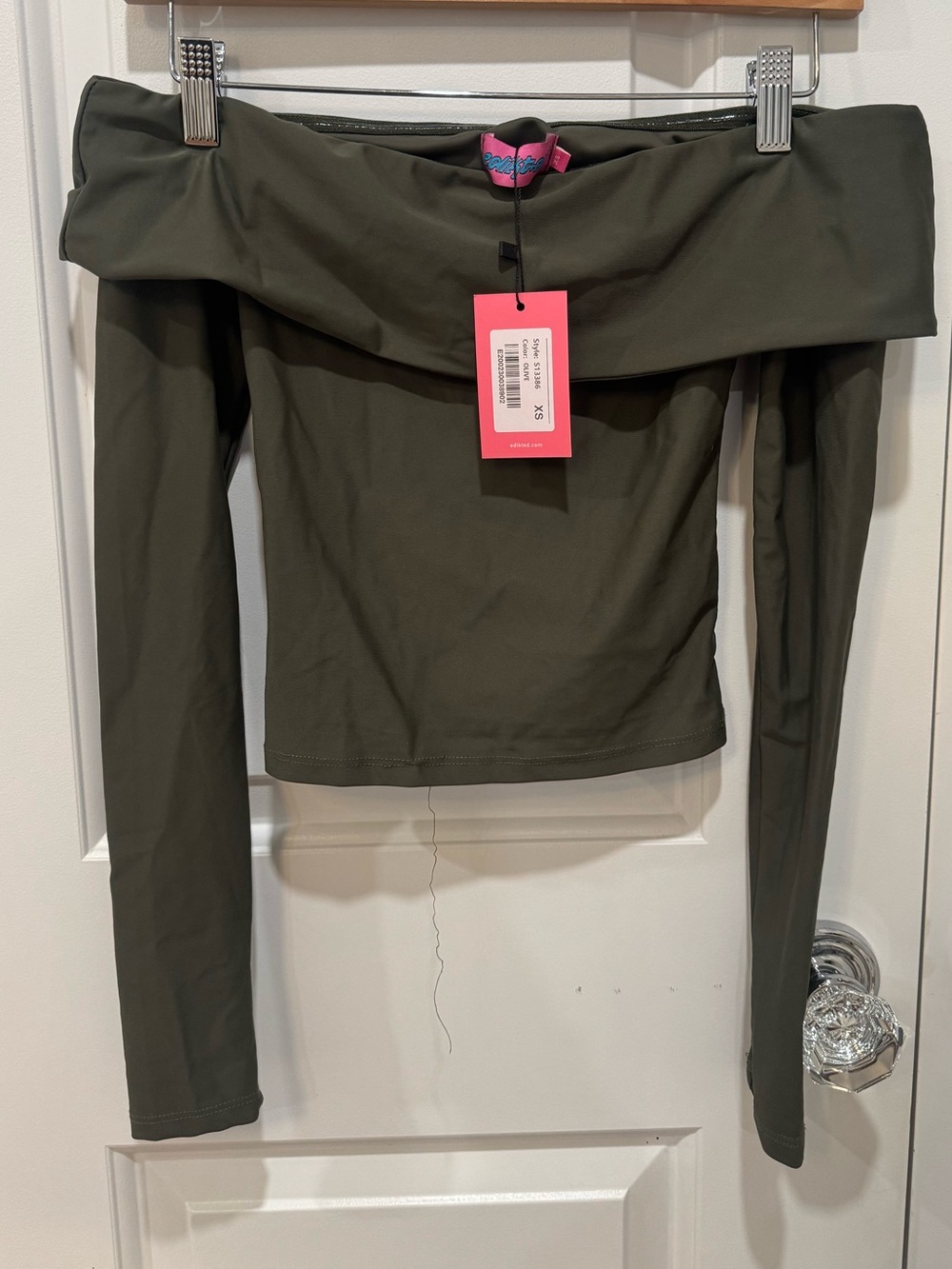 Edikted Olive Green Off-Shoulder Long Sleeve Top